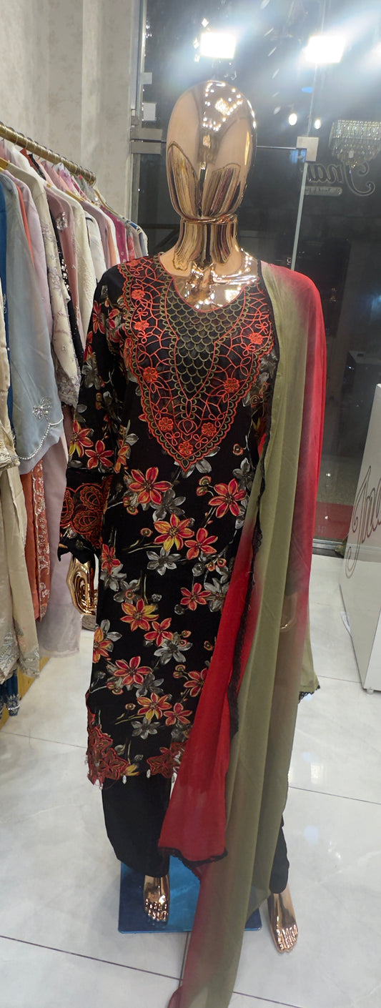 Red Maria B Inspired Embroidered Suit | Designer Patchwork & Handcrafted Detailing by Inara  ✨ Tagline: Inspired by Maria B’s signature elegance — crafted with Inara’s artisanal touch.