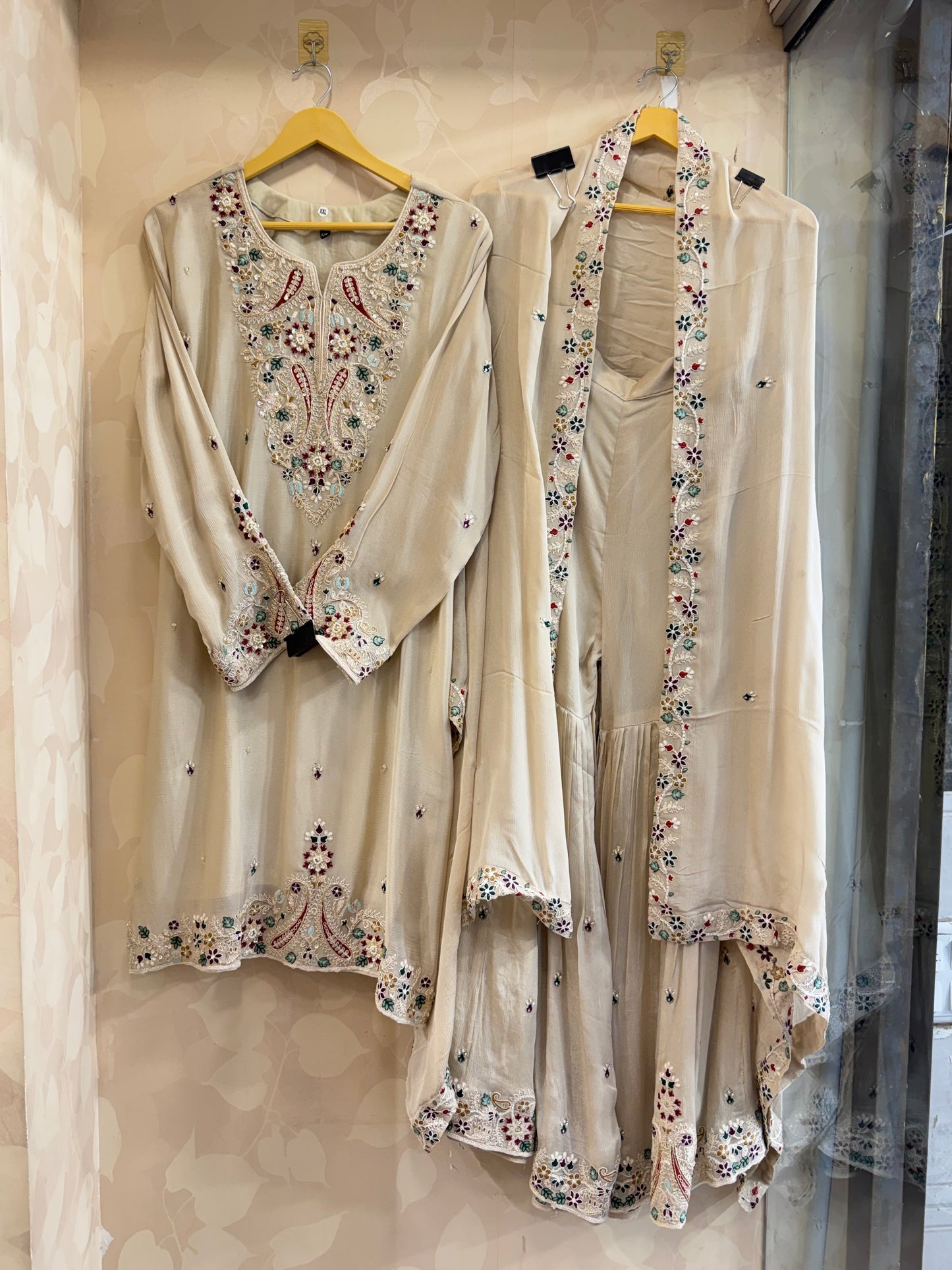 Regal Beige Pure Chinnon Gharara – Red & Green Resham Edit