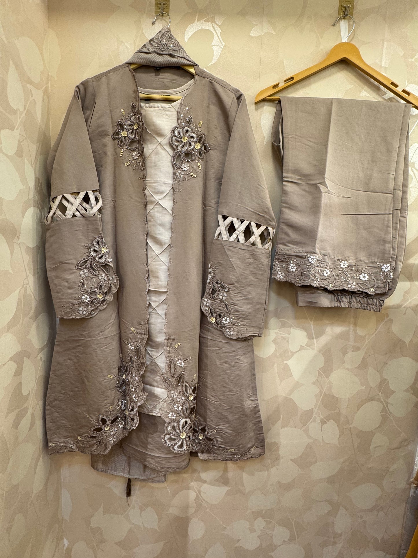 Chikoo Handcrafted Cutwork Jacket with Pants & Sheer Organza Dupatta