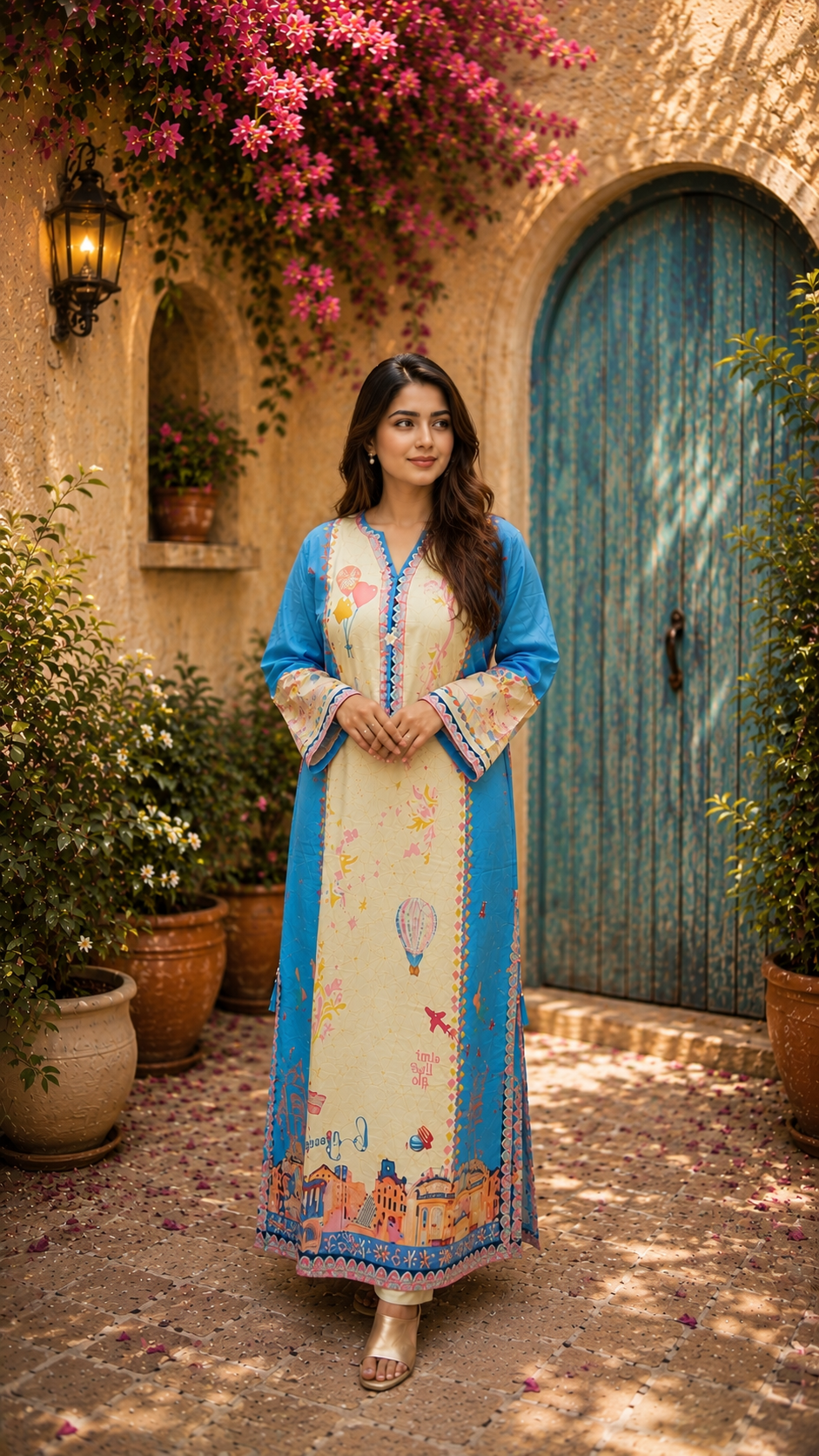 Sky Blue Printed Kaftan Dress with Pant Set