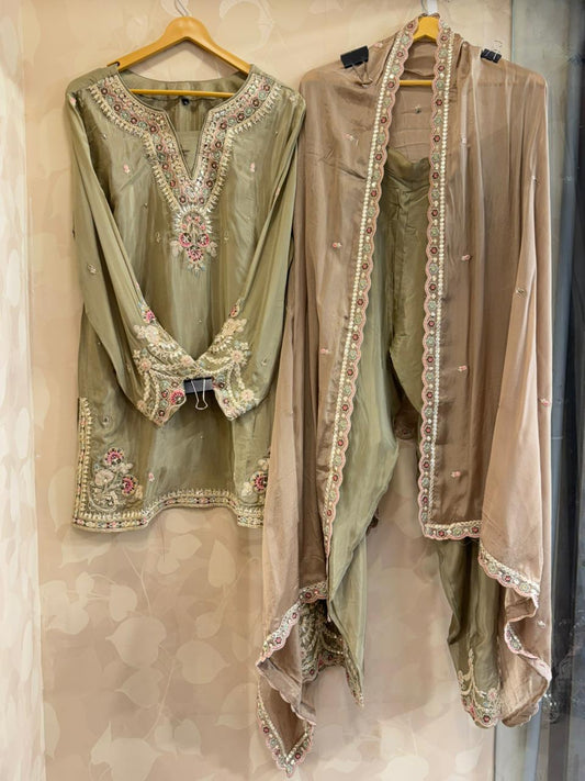 ✨ Pure Crepe Mouse Brown Gota Kurti with Farshi Salwar Set