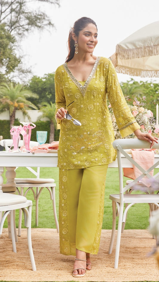Ziyana Yellow-Neon Green Co-ord Set | Soft Organza 3-Piece with Cutdana Handwork | Inara by Javed & Daughters