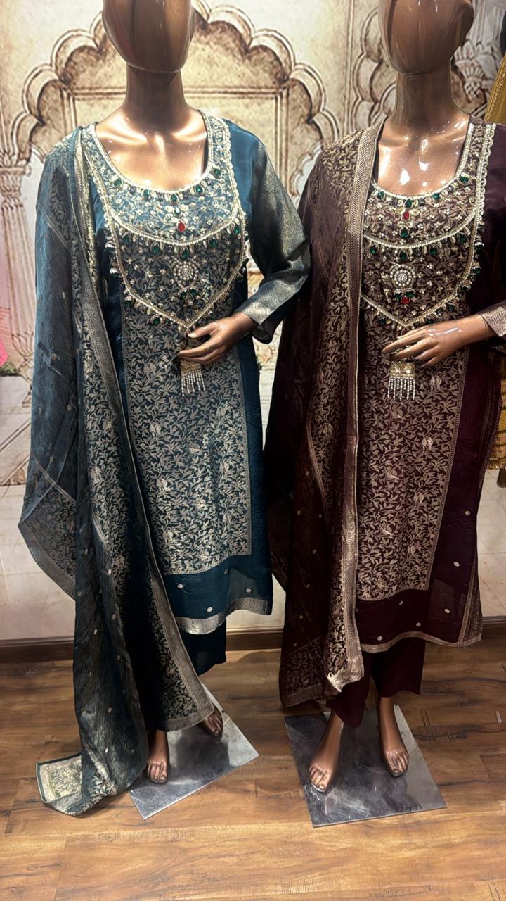 Jacquard Banarasi Suit Set with Jewel Handwork – Wine & Teal Blue