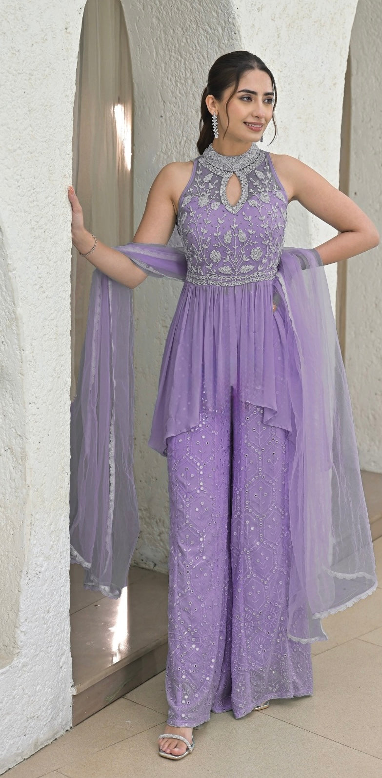 Lavender Enchanté – Peplum Viscose Top with Embroidered Palazzo & Pearl Detailing