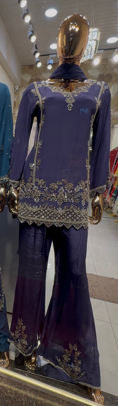 Midnight Elegance Pure Crepe 3-Piece Set with Handwork Bootcut Pants  |Lavender bootcut viral set !