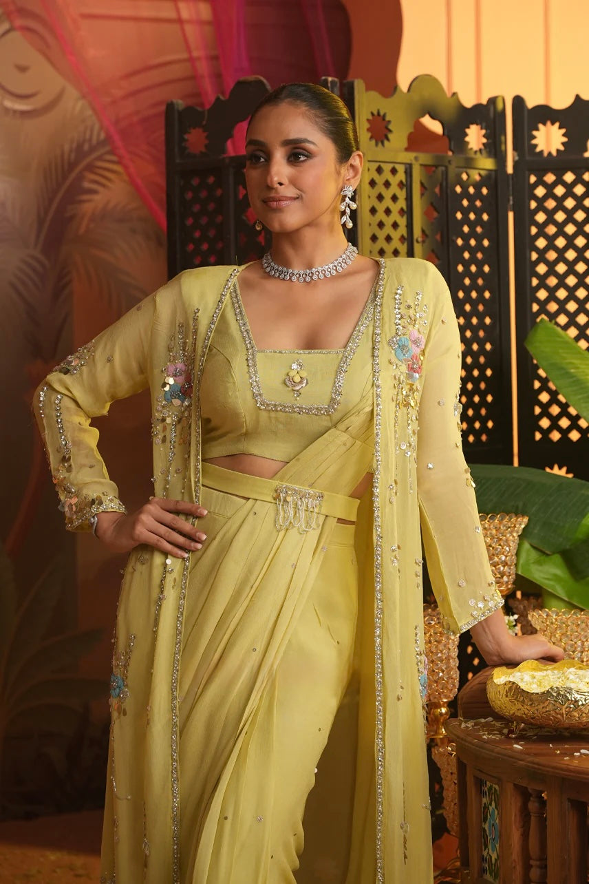 Effortless pre-draped saree with jacket
