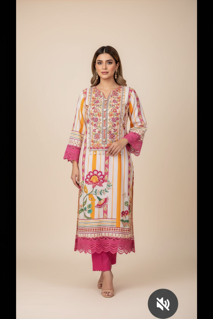 Muslin mirror and chrochet detail kurta set with pant and dupatta