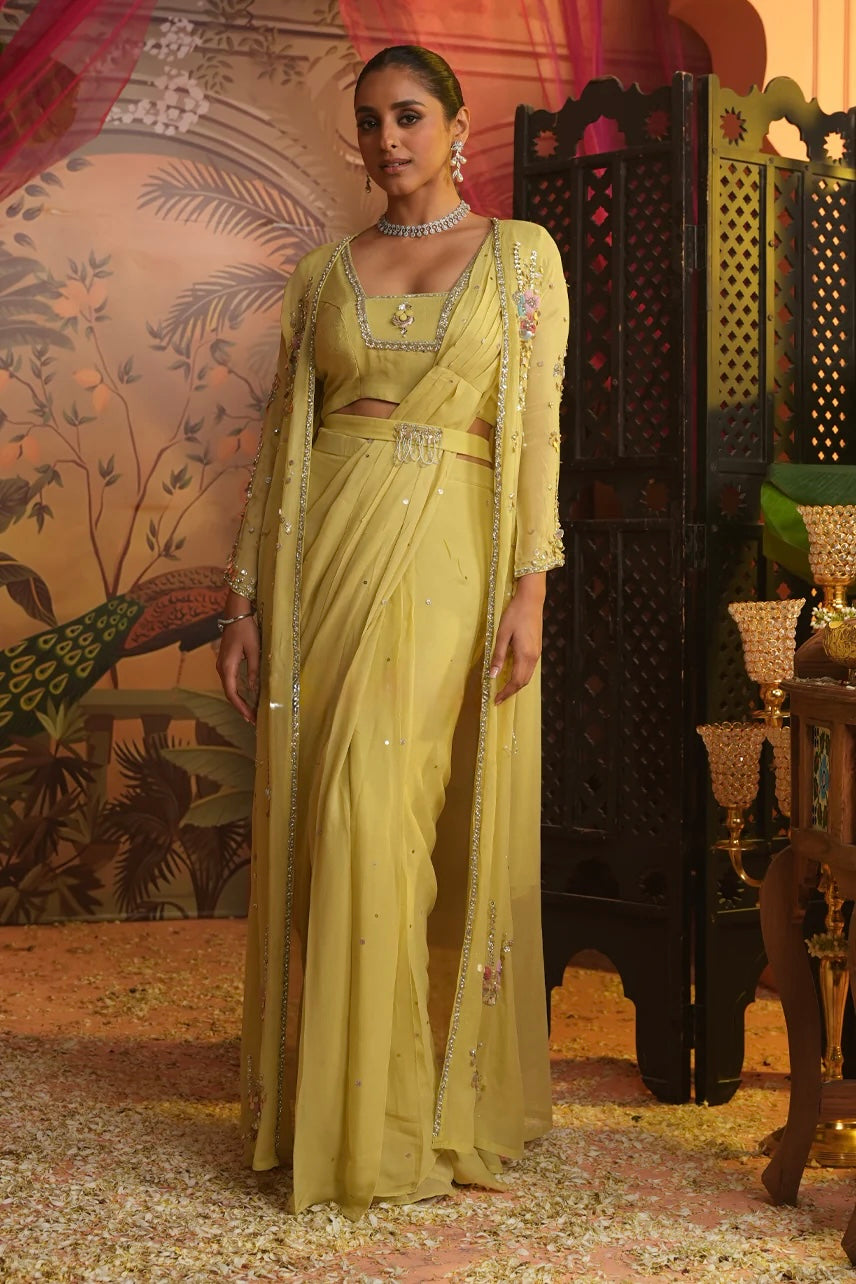 Effortless pre-draped saree with jacket