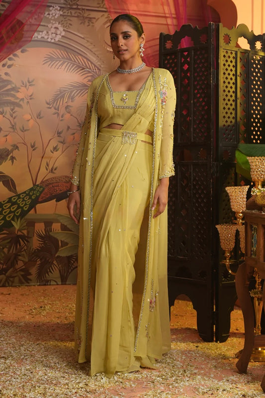 Effortless pre-draped saree with jacket