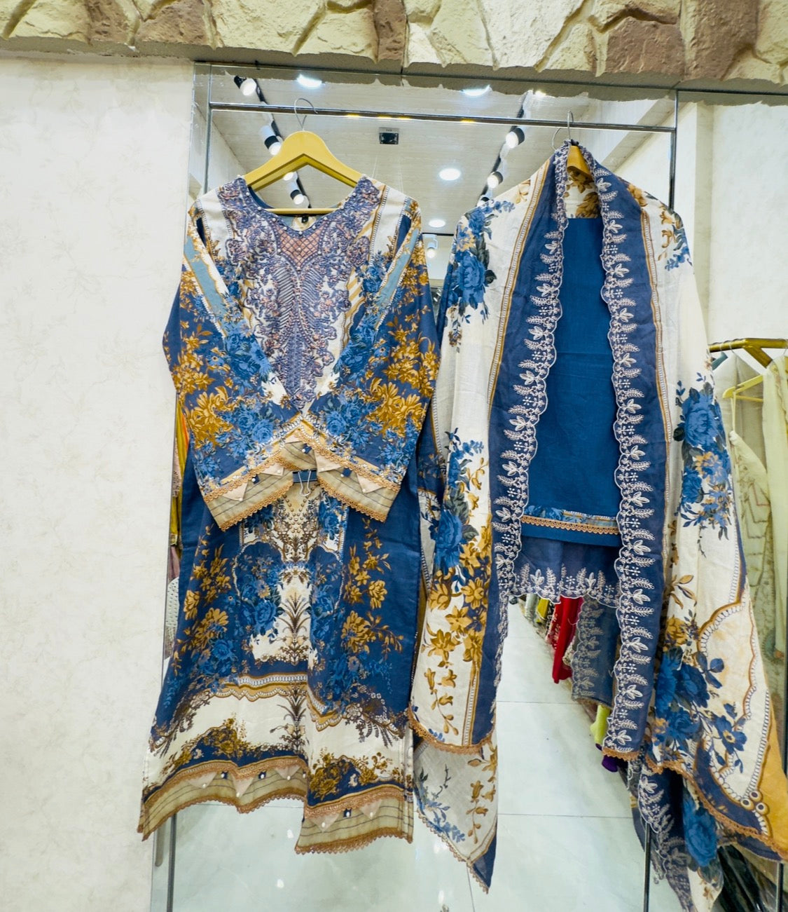 003 needle wonder powder blue with mustard and beige ensemble