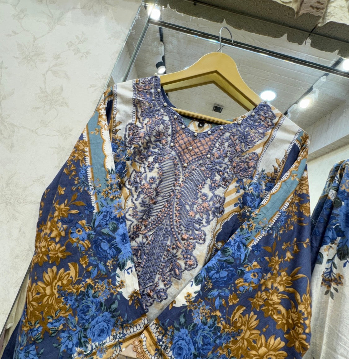 003 needle wonder powder blue with mustard and beige ensemble