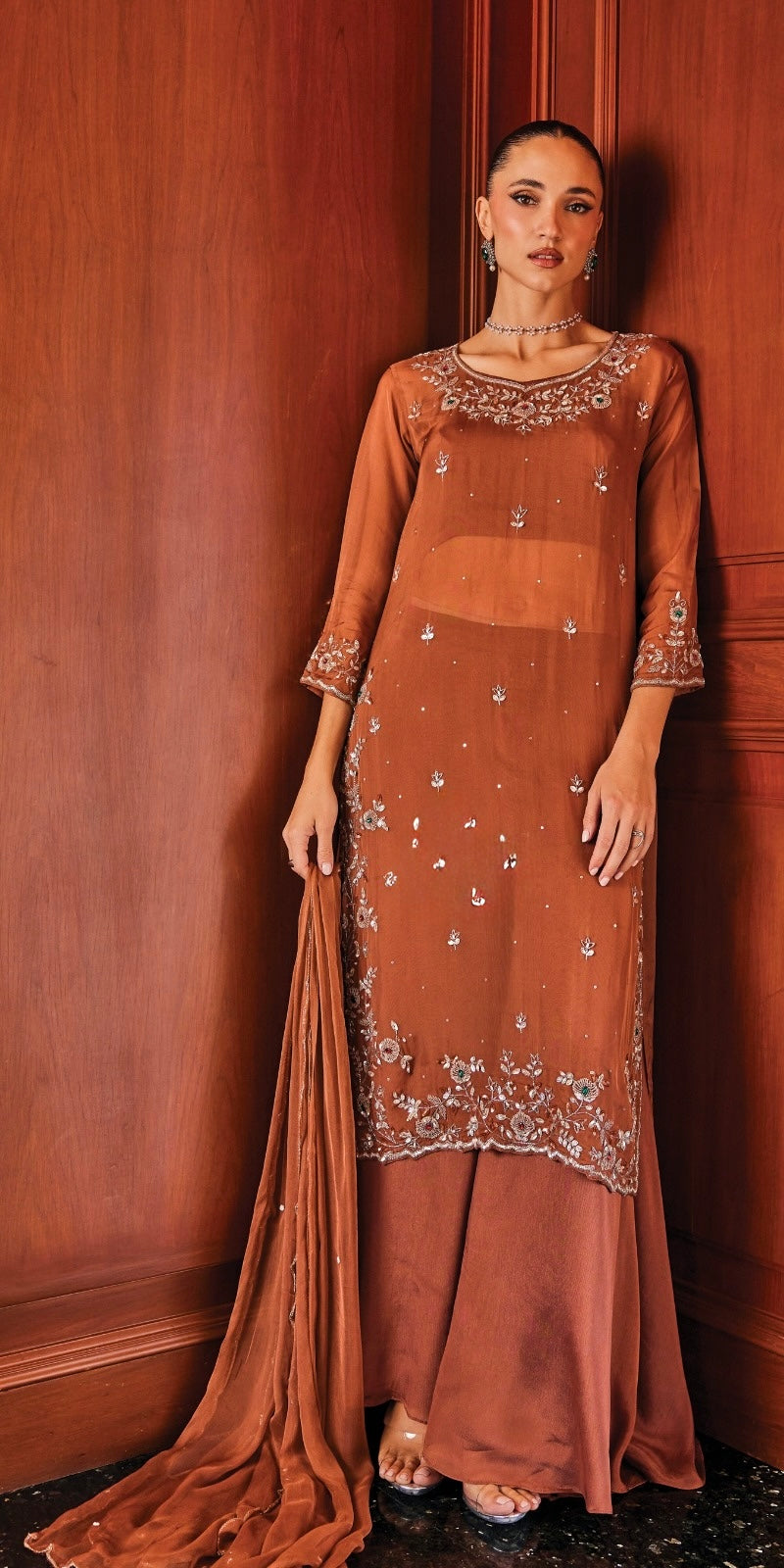Ameera Handcrafted Organza Sharara Set – 4 Piece Luxury Ensemble indo fusion handwork set