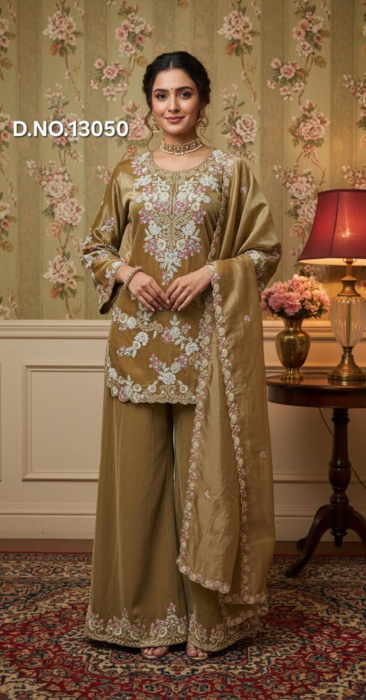 Kanjivaram Short Kurti Set with Flared Pants & Pearl Handwork