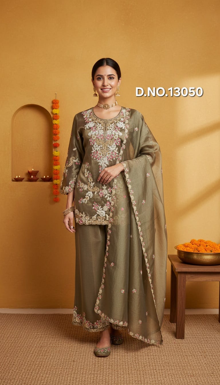 Kanjivaram Short Kurti Set with Flared Pants & Pearl Handwork