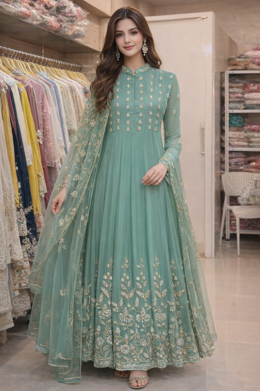 Mint Green Pure Georgette Handwork Anarkali Set with Pants & Heavy Net Dupatta