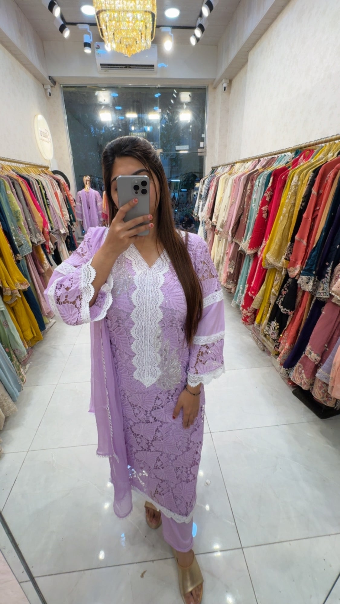 Lilac long chrochet kurta set
