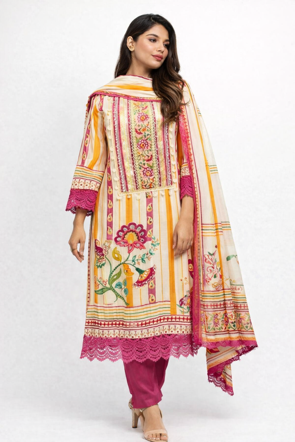 Muslin mirror and chrochet detail kurta set with pant and dupatta