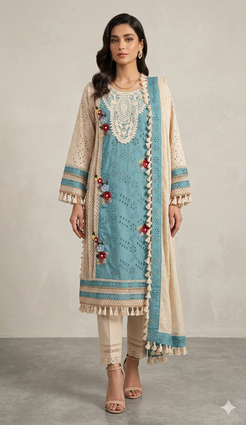 Off-White cutwork and Crochet Floral Suit with Pearl Detailing