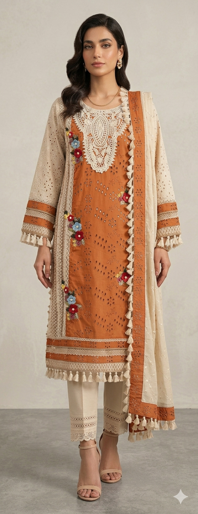 Off-White cutwork and Crochet Floral Suit with Pearl Detailing