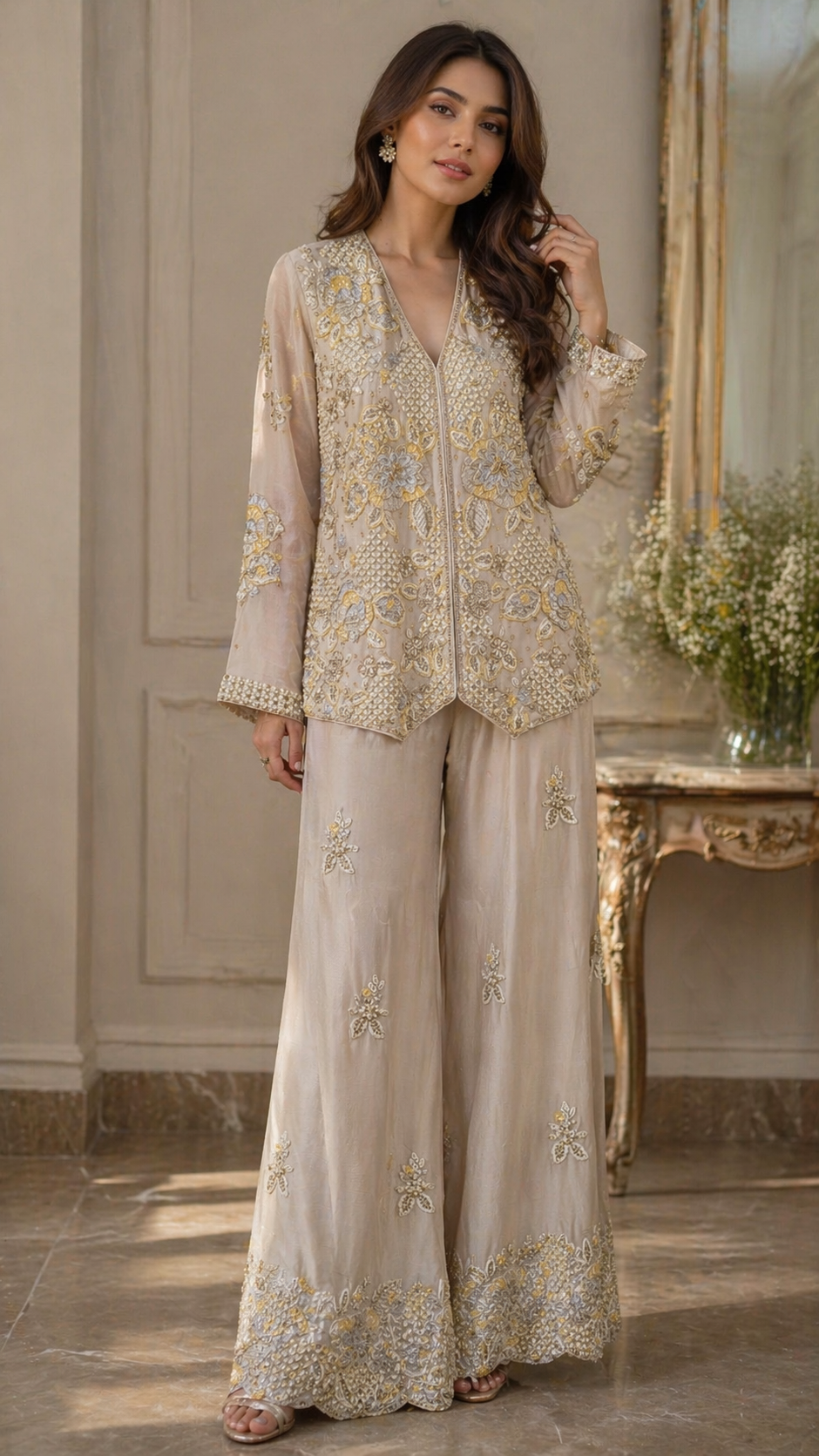 Blush Pink & Milky White Embroidered Co-ord Set – Designer Top with Palazzo | Luxury Festive Wear by Inara