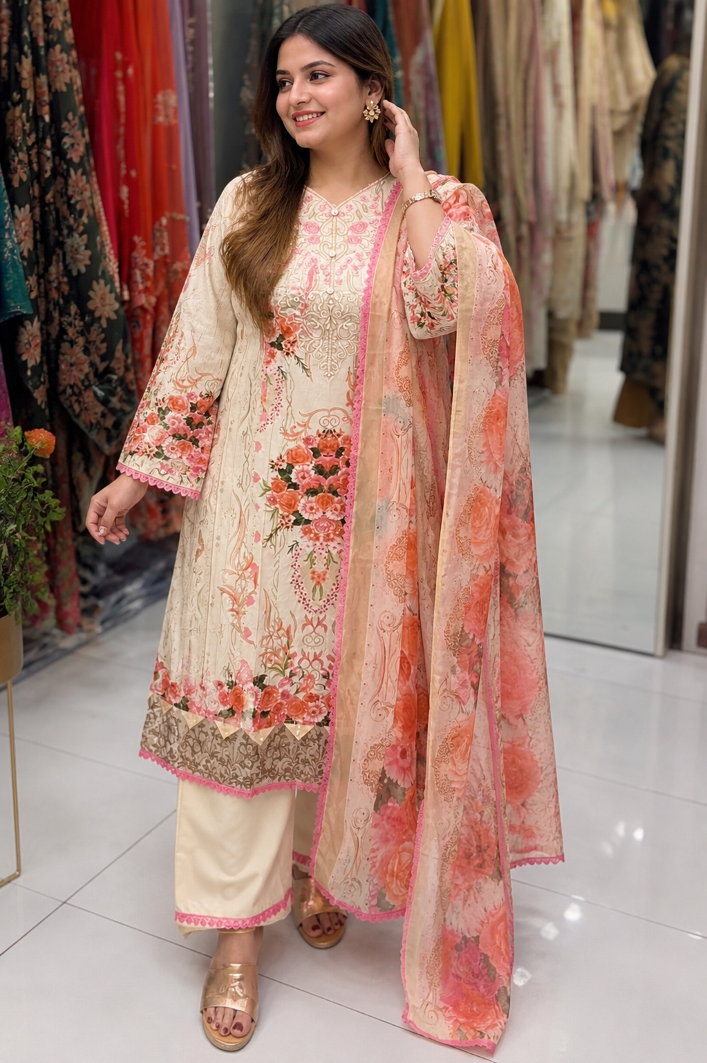 Blush Ivory Floral Lawn Suit with Printed Dupatta & Embroidered Kurta