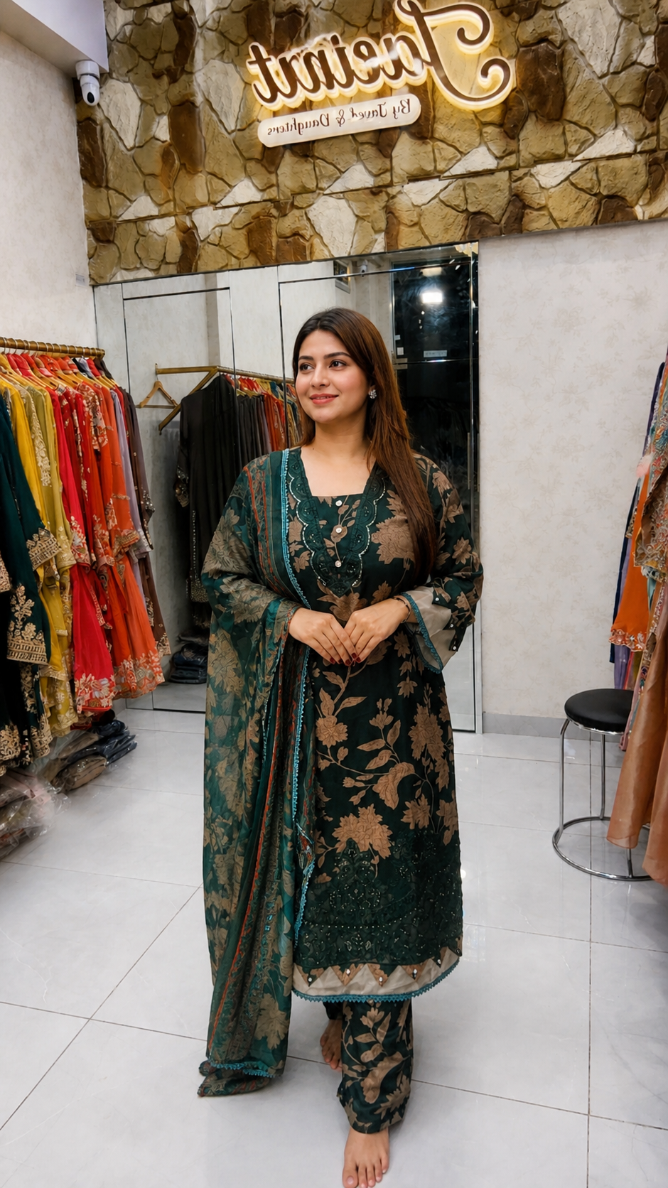 Emerald Bloom Printed Lawn Suit with Embroidered Neckline & Statement Dupatta   (chiffon dupatta)