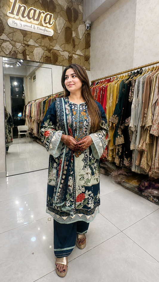 Midnight Teal Floral Lawn Suit with Intricate Neck Detailing & Printed Dupatta ( chiffon dupatta)