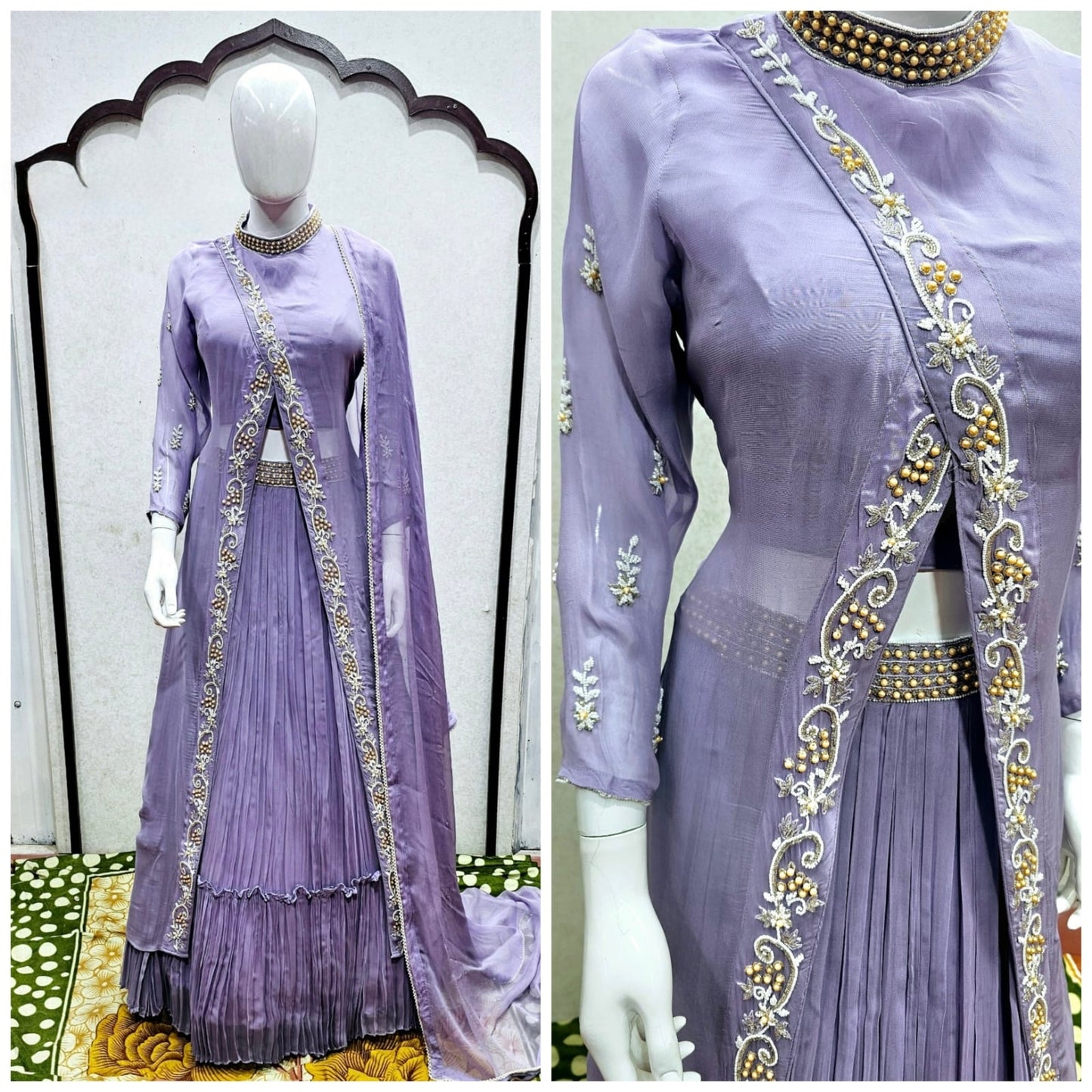 PURE VISCOSE GEORGETTE HANDDWORK V CUT LEHENGA