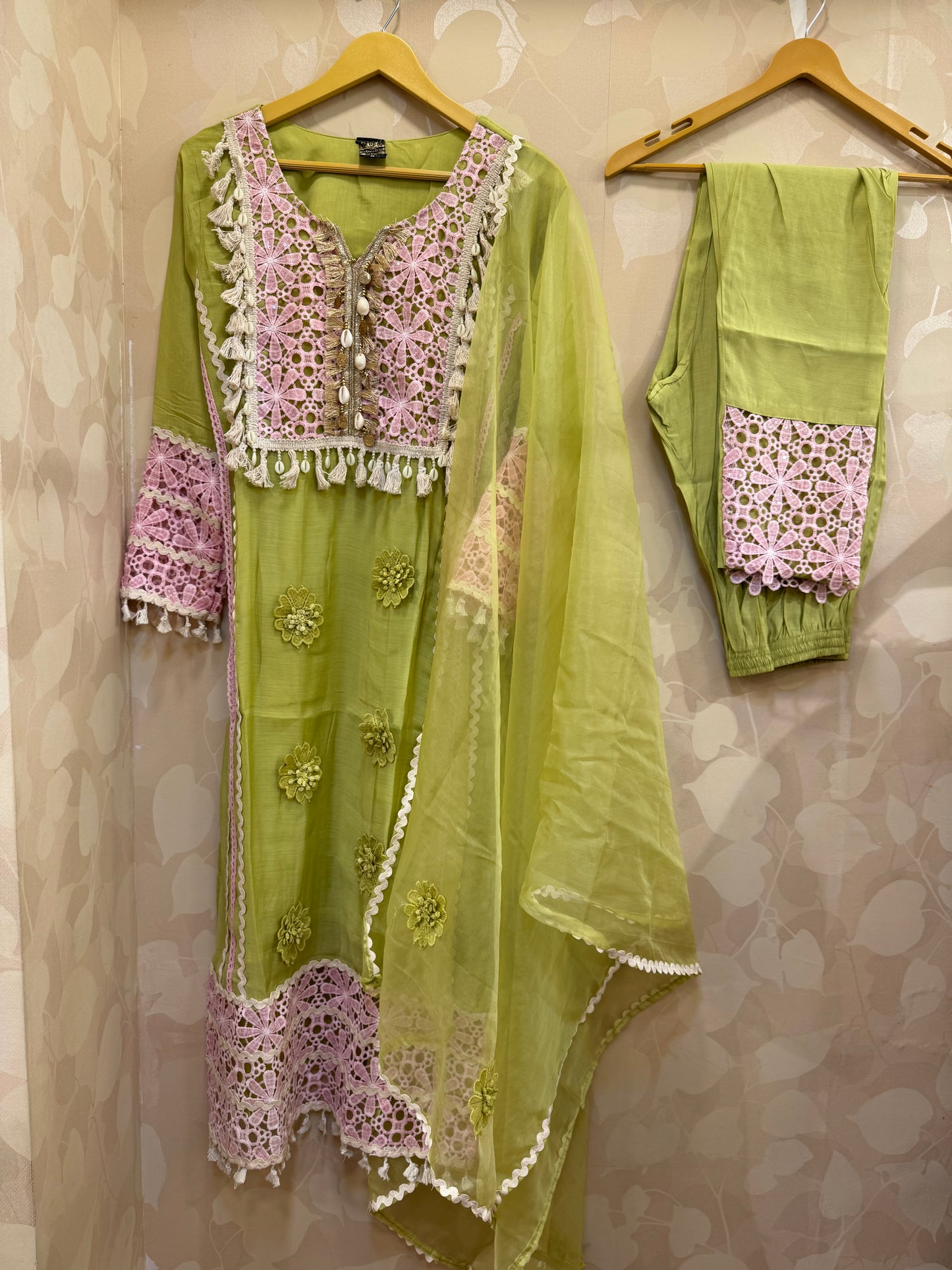 Designer Crochet Work Kurta Set with Pants and dupatta