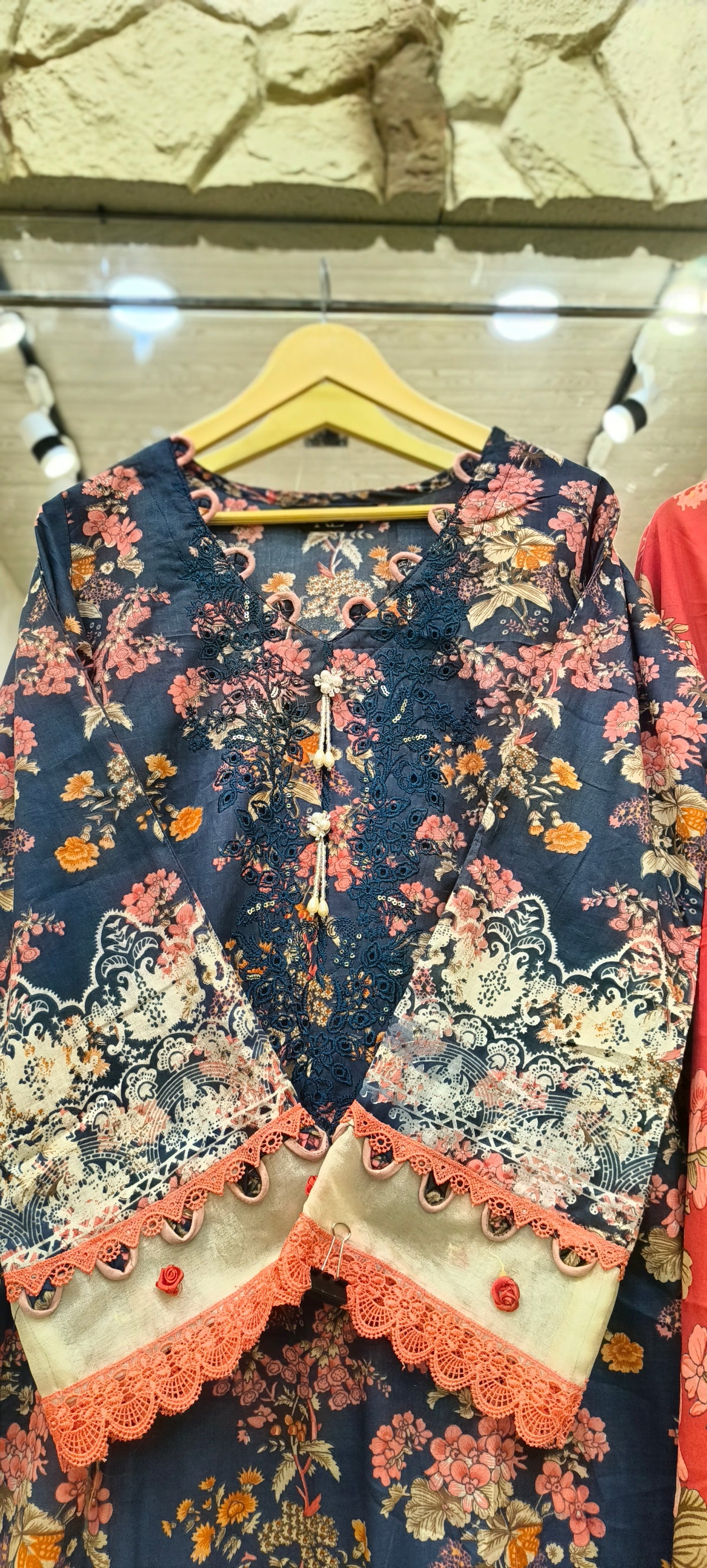 Navy Blue Floral Lawn Cotton Patchwork Suit with Contrast Dupatta