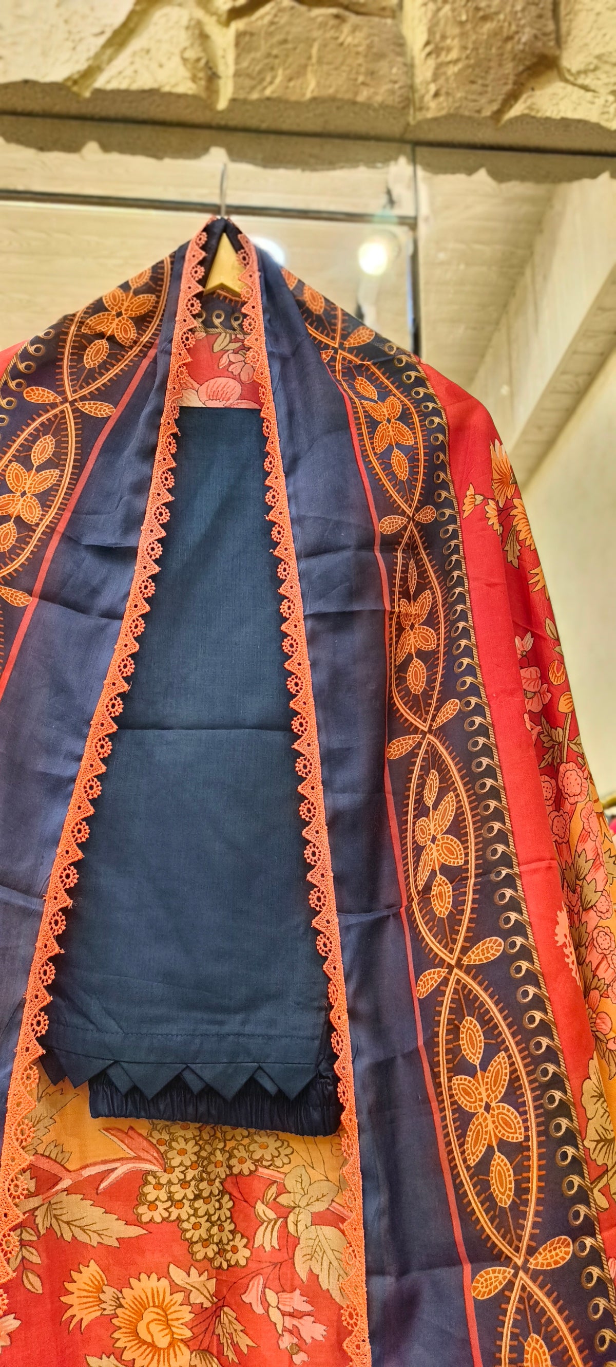 Navy Blue Floral Lawn Cotton Patchwork Suit with Contrast Dupatta