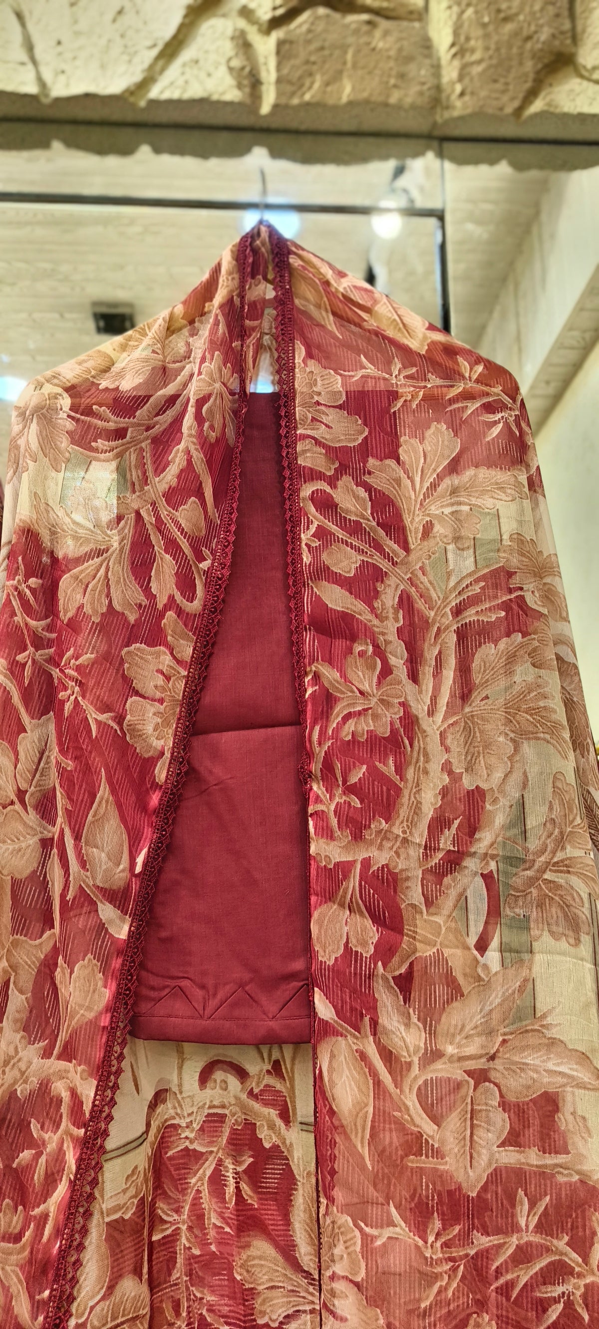 Dusty Rose Floral Lawn Cotton Cutwork Suit with Printed Dupatta