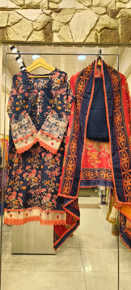 Navy Blue Floral Lawn Cotton Patchwork Suit with Contrast Dupatta