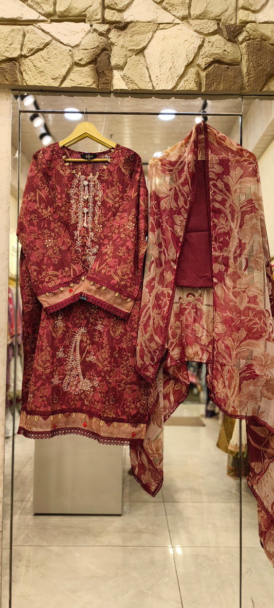 Dusty Rose Floral Lawn Cotton Cutwork Suit with Printed Dupatta