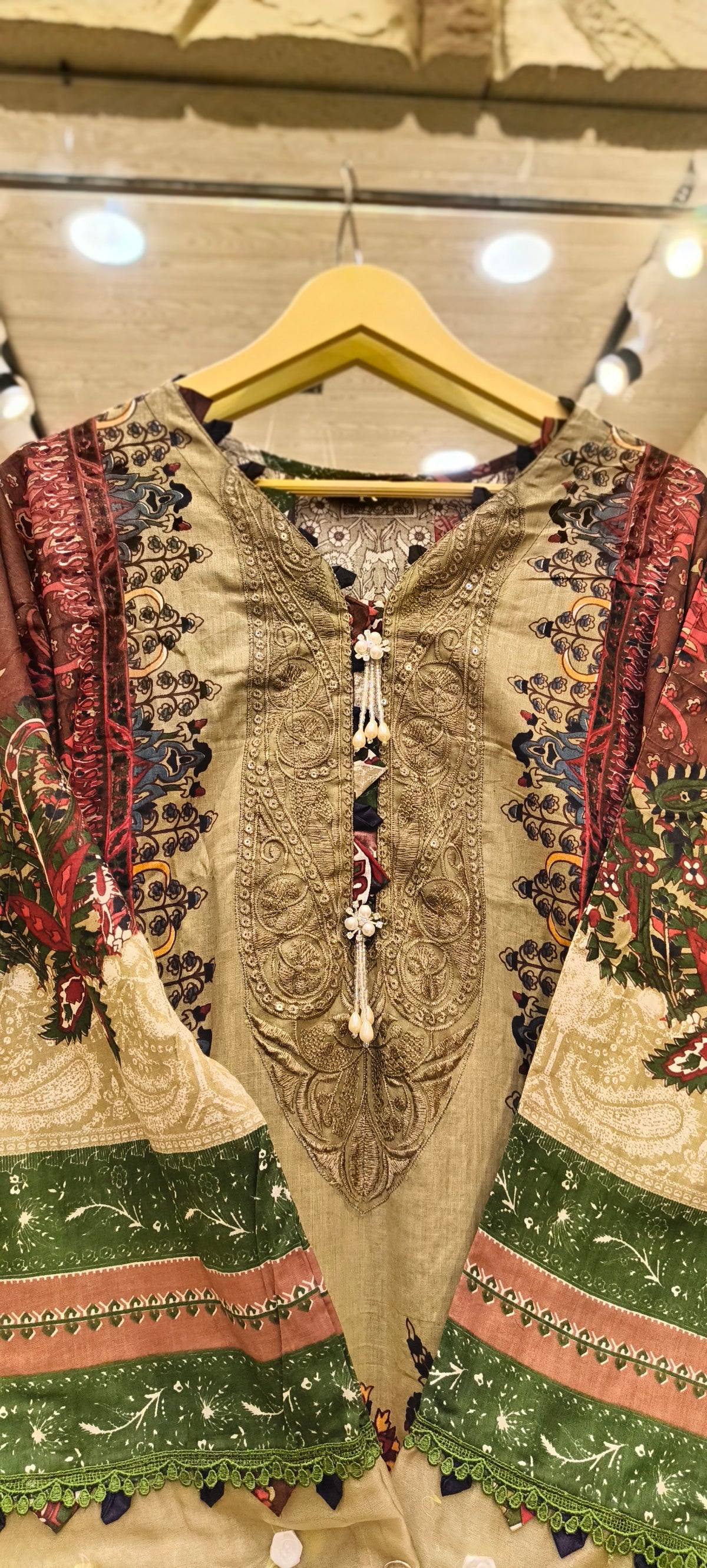 Maroon Floral Lawn Cotton Cutwork Suit with Olive Green Details & Printed Dupatta