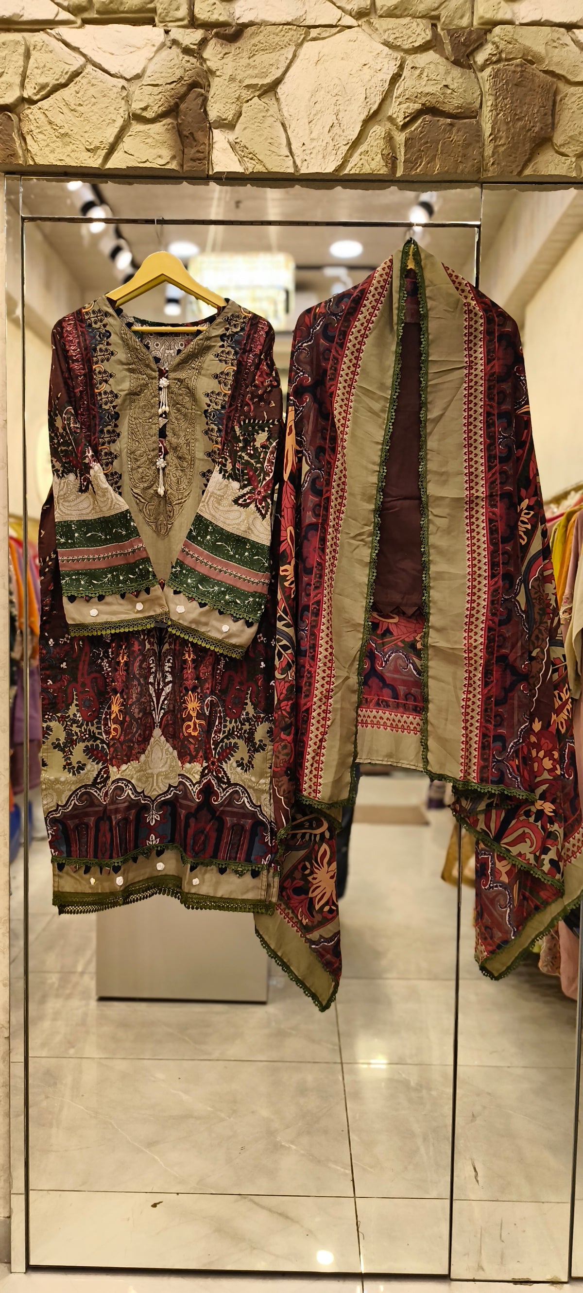 Maroon Floral Lawn Cotton Cutwork Suit with Olive Green Details & Printed Dupatta