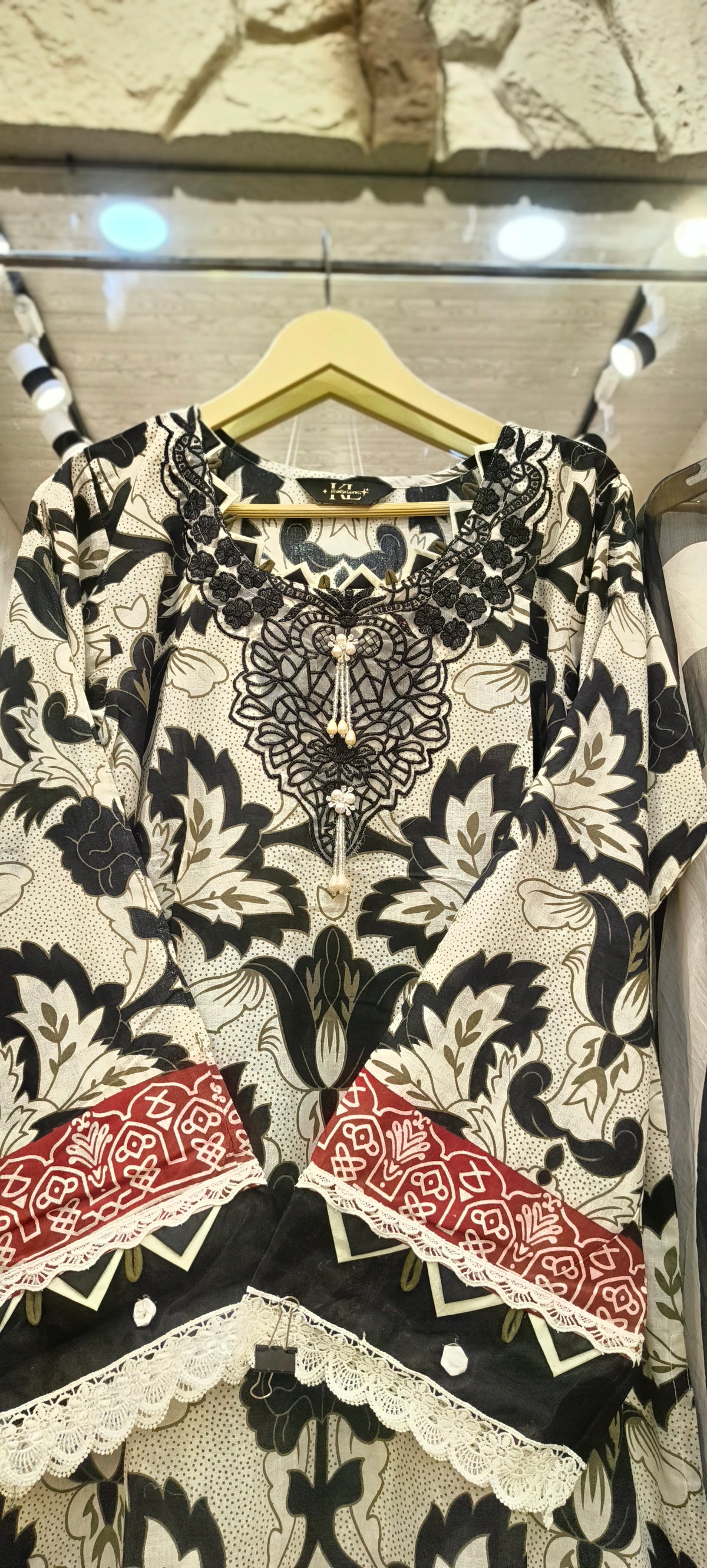 Black & Ivory Floral Lawn Cotton Patchwork Suit with Red Printed Dupatta | Inara