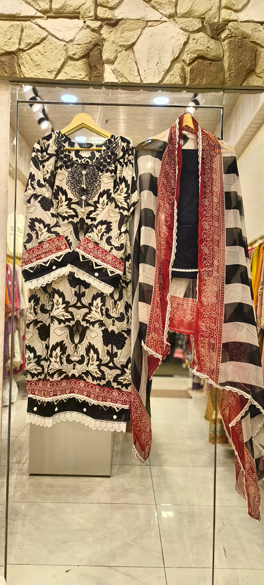 Black & Ivory Floral Lawn Cotton Patchwork Suit with Red Printed Dupatta | Inara