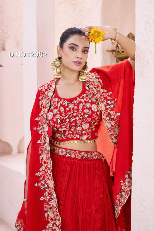 Pure Soft Organza Handwork and Embroidered Top with Cape & Plain soft Organza Lehenga