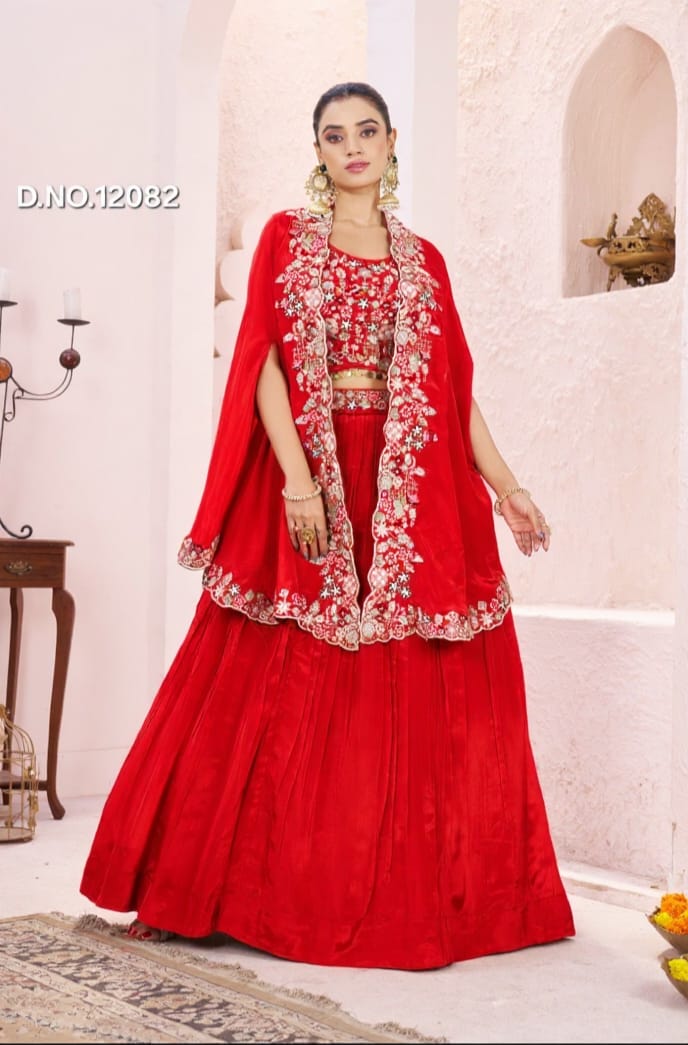 Pure Soft Organza Handwork and Embroidered Top with Cape & Plain soft Organza Lehenga