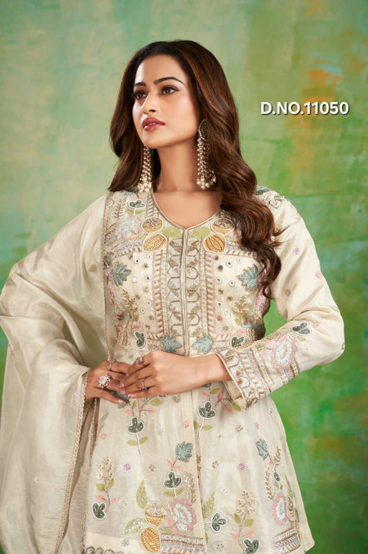 Hand-Embroidered Peplum Top with Slit & Panelled Sharara featuring Geometric and Floral Work