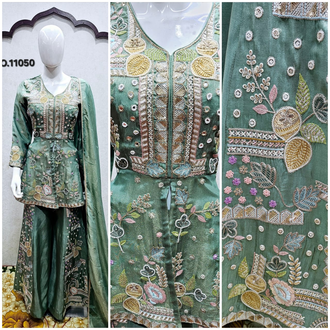 Hand-Embroidered Peplum Top with Slit & Panelled Sharara featuring Geometric and Floral Work