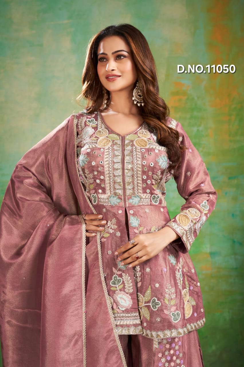 Hand-Embroidered Peplum Top with Slit & Panelled Sharara featuring Geometric and Floral Work