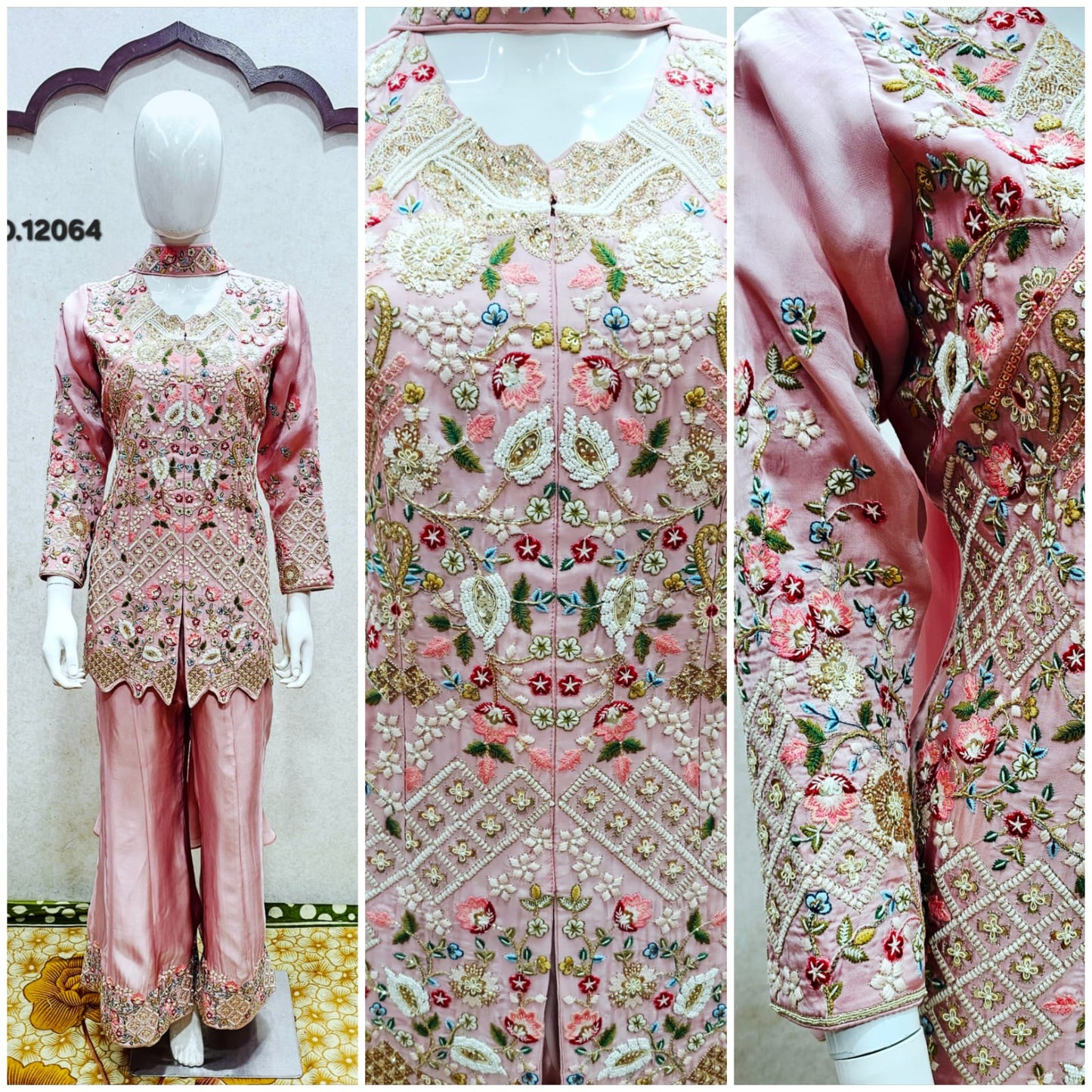 Hand-Embroidered Short Top with Flared Pants & Choker Dupatta – Couture Set