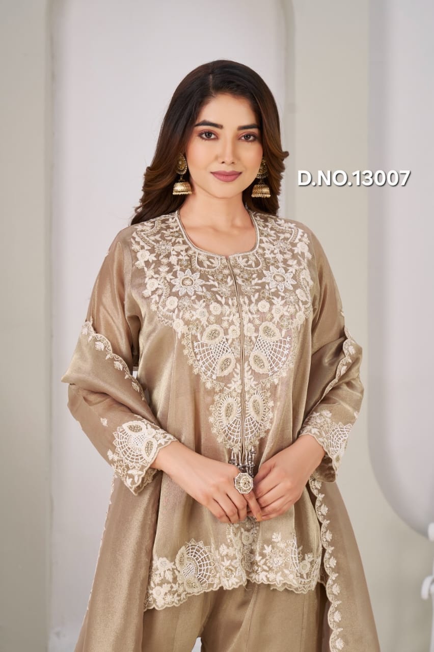 Pure Kanjivaram Peplum Crop Top with V-Cut Trench Cape & Embroidered Bell Bottom Pants