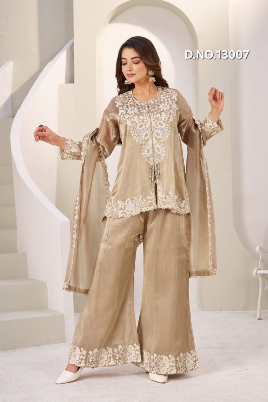 Pure Kanjivaram Peplum Crop Top with V-Cut Trench Cape & Embroidered Bell Bottom Pants