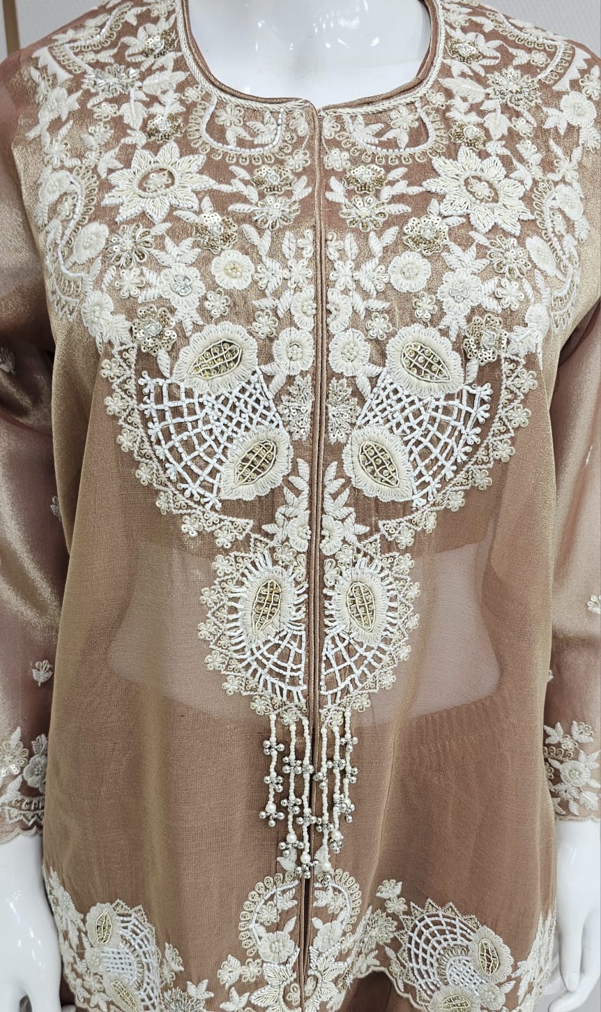 Pure Kanjivaram Peplum Crop Top with V-Cut Trench Cape & Embroidered Bell Bottom Pants