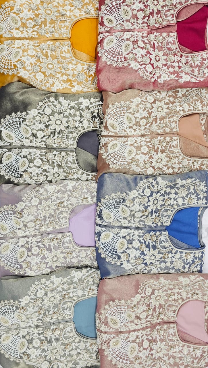 Pure Kanjivaram Peplum Crop Top with V-Cut Trench Cape & Embroidered Bell Bottom Pants