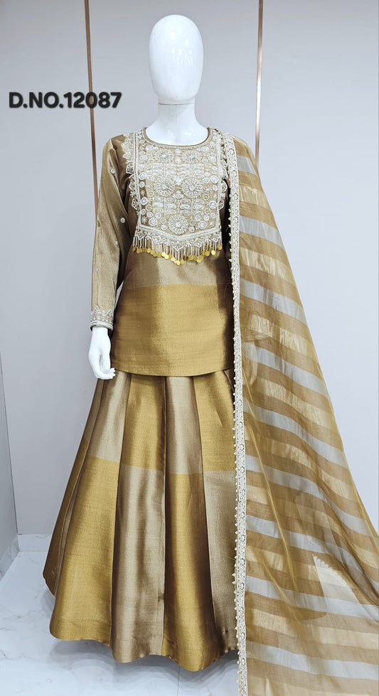 Statment Pure Banarasi Dual-Tone Gold & Silver Lehenga Kurta Set with Hand Embroidery & Organza Dupatta