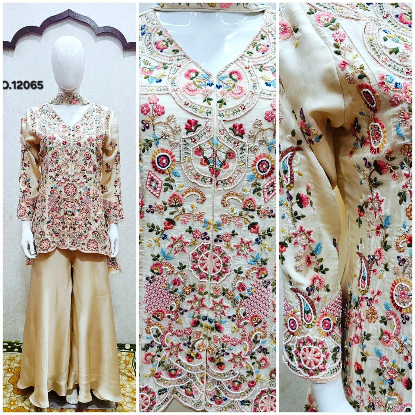 Pure Organza Satin Silk V-Cut Top with Flared Sharara & Layered U-Cut Overlay featuring Multi Resham Dhaga Handwork